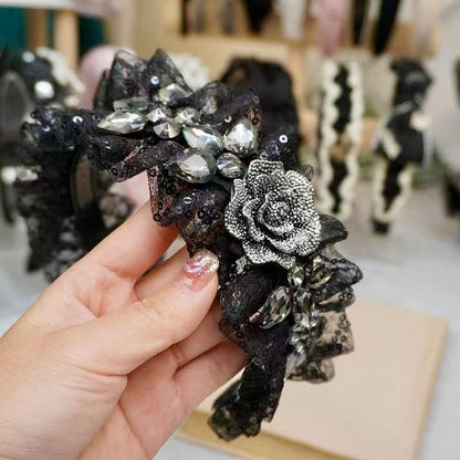 Midnight Rose Flower Diamond Lace Headband – Luxury Black Crystal Hairband