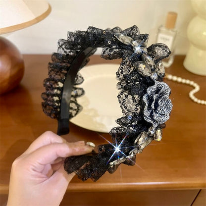 Midnight Rose Flower Diamond Lace Headband – Luxury Black Crystal Hairband
