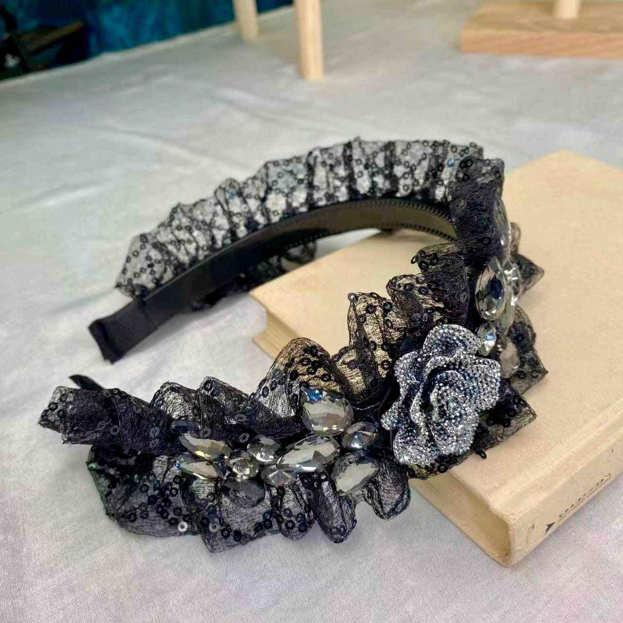 Midnight Rose Flower Diamond Lace Headband – Luxury Black Crystal Hairband
