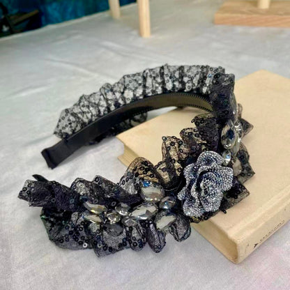 Midnight Rose Flower Diamond Lace Headband – Luxury Black Crystal Hairband
