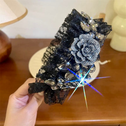 Midnight Rose Flower Diamond Lace Headband – Luxury Black Crystal Hairband
