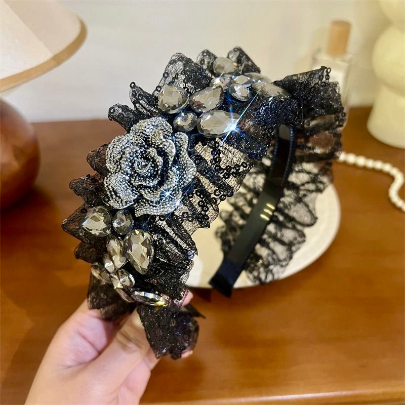 Midnight Rose Flower Diamond Lace Headband – Luxury Black Crystal Hairband
