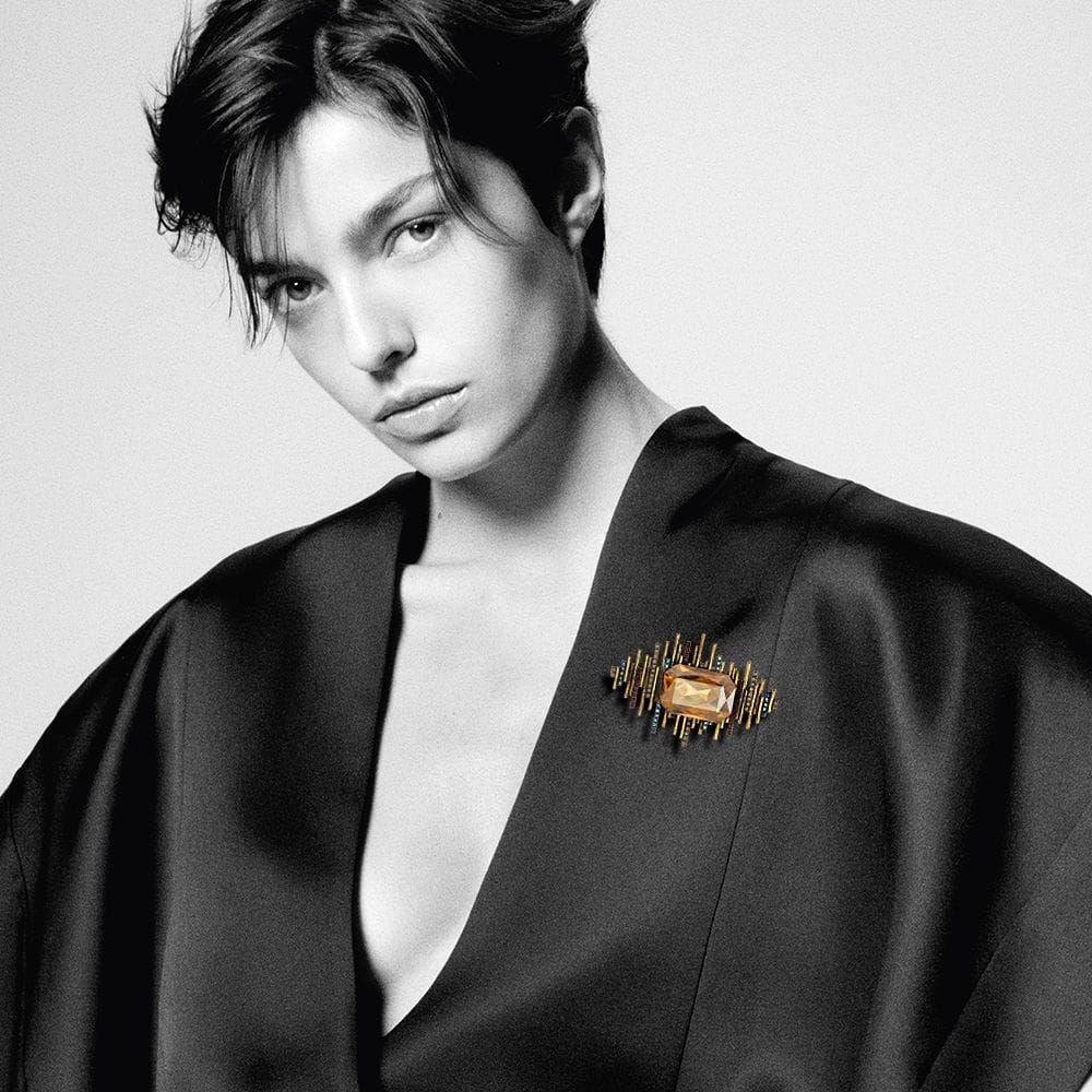 Imperial Prism Bar Brooch – Champagne Gold, Royal Blue & Garnet Crystal Statement