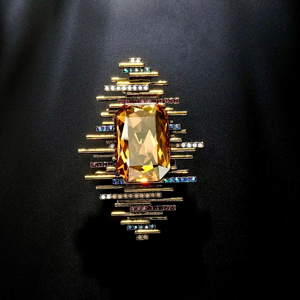 Imperial Prism Bar Brooch – Champagne Gold, Royal Blue & Garnet Crystal Statement
