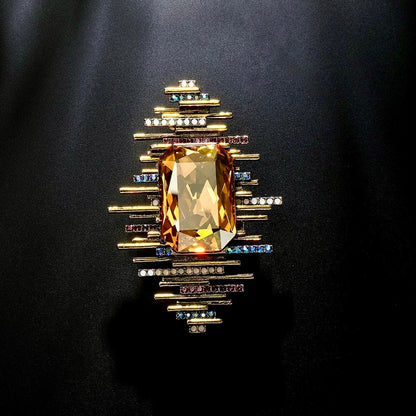 Imperial Prism Bar Brooch – Champagne Gold, Royal Blue & Garnet Crystal Statement