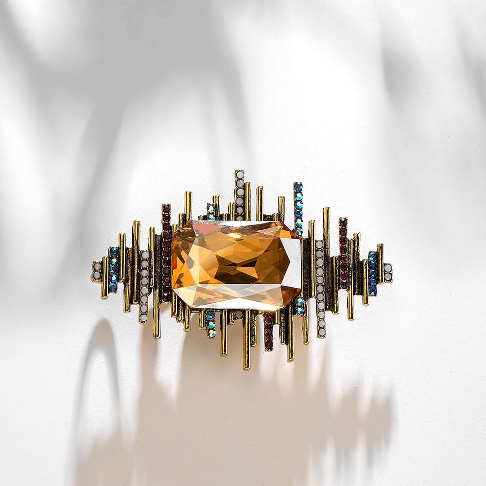 Imperial Prism Bar Brooch – Champagne Gold, Royal Blue & Garnet Crystal Statement