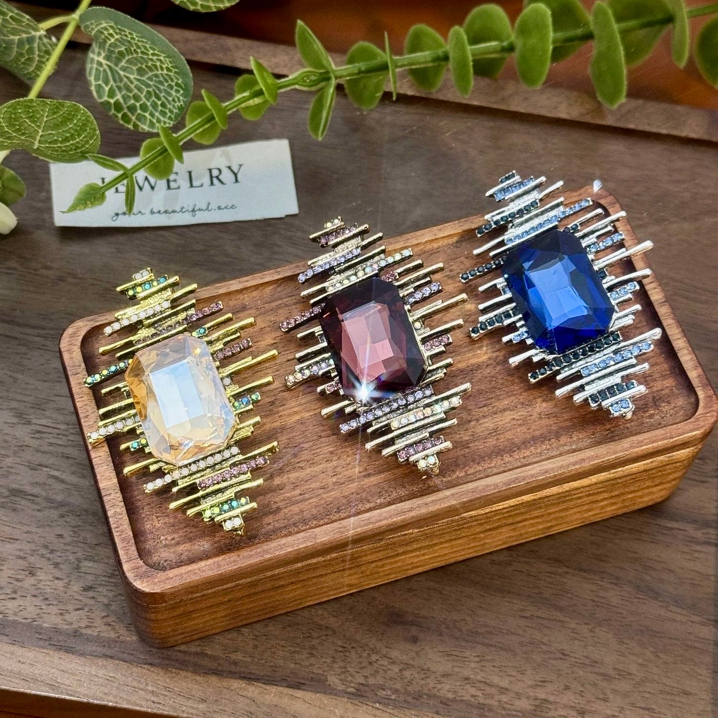 Imperial Prism Bar Brooch – Champagne Gold, Royal Blue & Garnet Crystal Statement