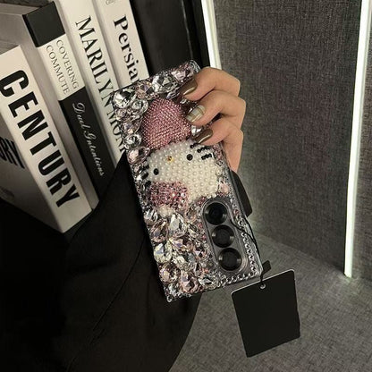 Luxury Crystal Kitty Pearl Case for Samsung Galaxy Z Fold 5 & Z Fold 6 – 3D Rhinestone Bling Protective Cover