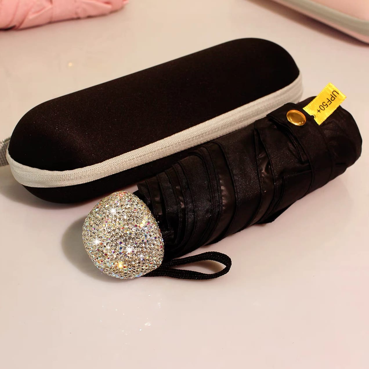 Luxury Diamond Hand Umbrella – UV Protection, Portable, Travel Case