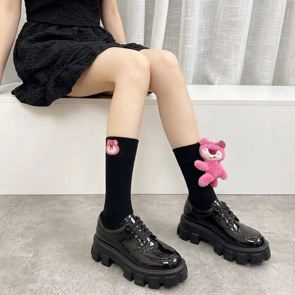 Strawberry Bear Doll Plush Socks – Cute Kawaii Fashion Socks (Mid Tube & Calf Length, White & Black Variants)