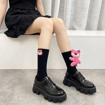 Strawberry Bear Doll Plush Socks – Cute Kawaii Fashion Socks (Mid Tube & Calf Length, White & Black Variants)