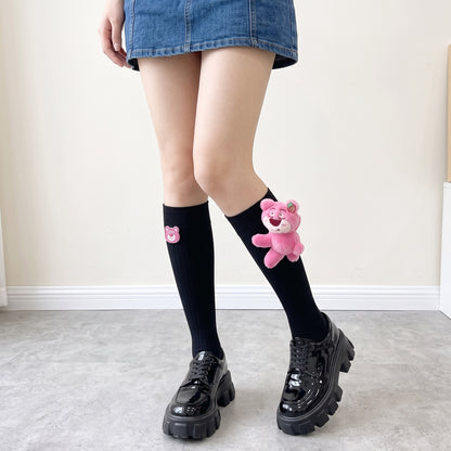 Strawberry Bear Doll Plush Socks – Cute Kawaii Fashion Socks (Mid Tube & Calf Length, White & Black Variants)