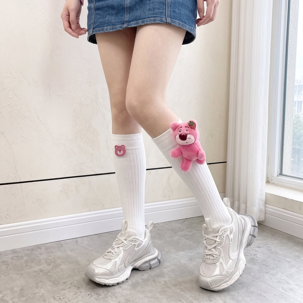 Strawberry Bear Doll Plush Socks – Cute Kawaii Fashion Socks (Mid Tube & Calf Length, White & Black Variants)
