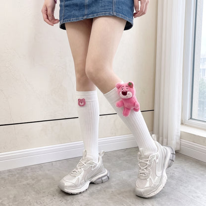 Strawberry Bear Doll Plush Socks – Cute Kawaii Fashion Socks (Mid Tube & Calf Length, White & Black Variants)