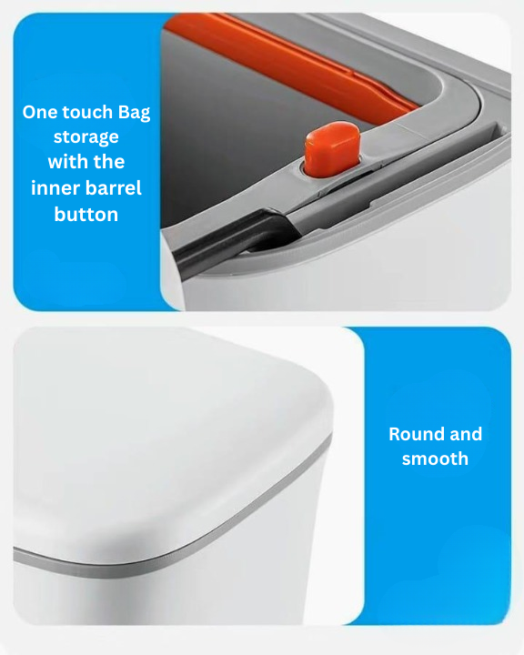 Product with text describing one-touch bag storage and round design.