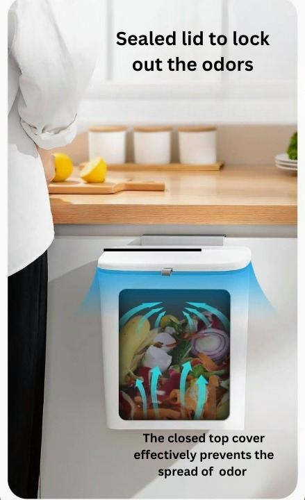 Kitchen countertop with a food storage container labeled 'Sealed lid to lock out the odors' and 'The closed top cover effectively prevents the spread of odor'.