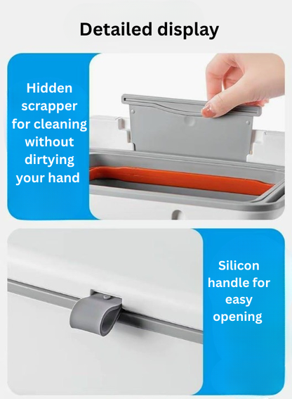 Product with a hidden scraper and silicone handle for easy opening, displayed on a white background.
