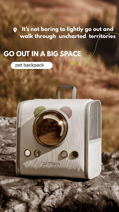 Pet backpack with space-themed design on a natural background