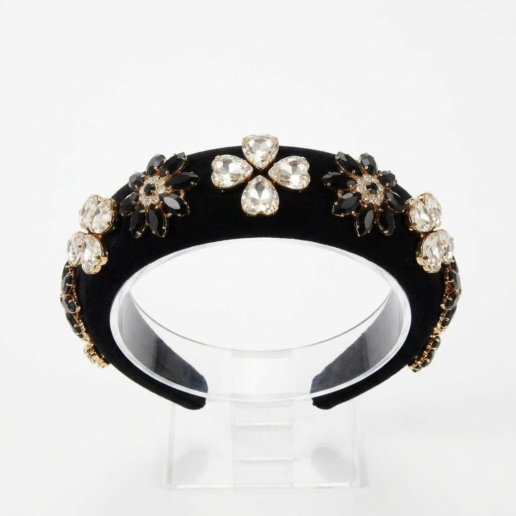 Luxury Black Embellished Padded Headband for Women | Crystal & Stone Studded Hairband | Premium Statement Hair Accessory