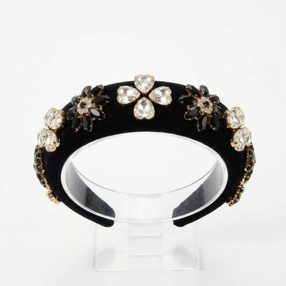 Luxury Black Embellished Padded Headband for Women | Crystal & Stone Studded Hairband | Premium Statement Hair Accessory