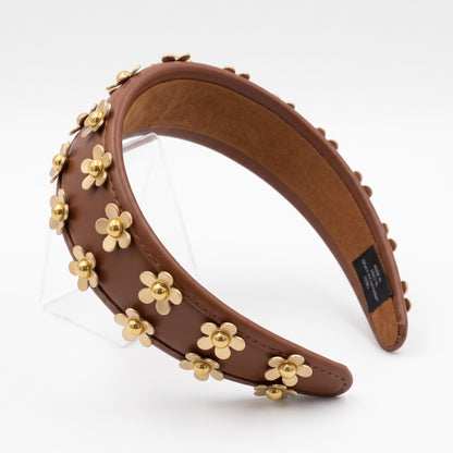Handmade 3D Flower Studded Faux Leather Headband – Luxury Brown Statement Hairband