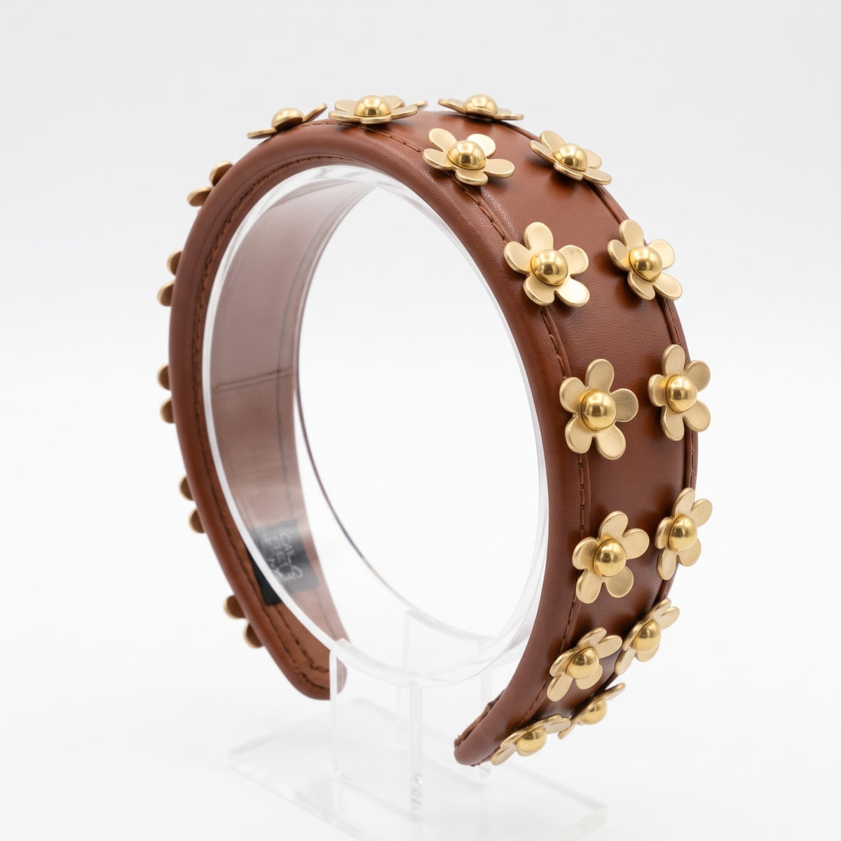 Handmade 3D Flower Studded Faux Leather Headband – Luxury Brown Statement Hairband