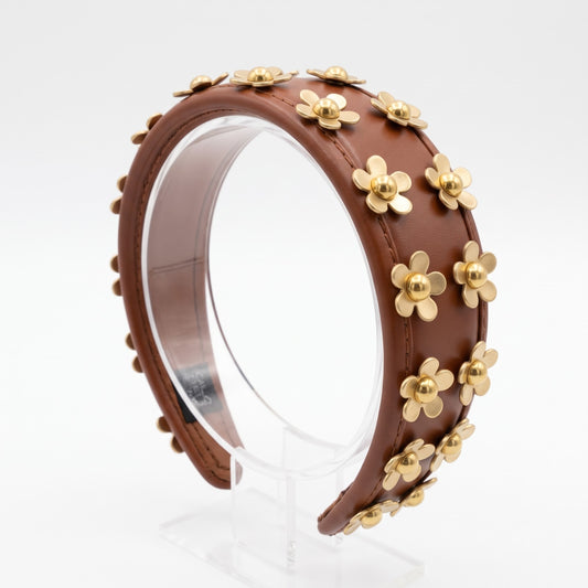 Handmade 3D Flower Studded Faux Leather Headband – Luxury Brown Statement Hairband