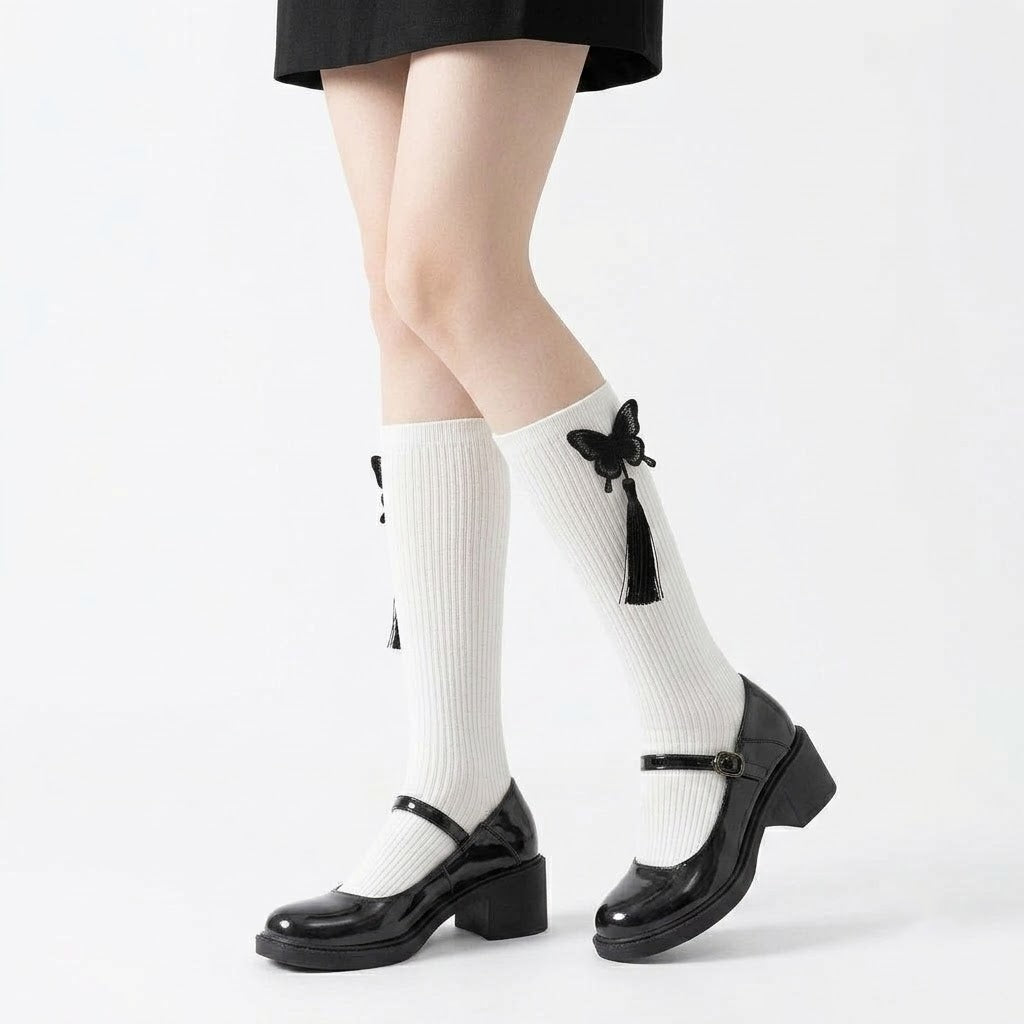 Fringed Embroidered Butterfly Calf Socks – Black & White | Stylish Tassel Design