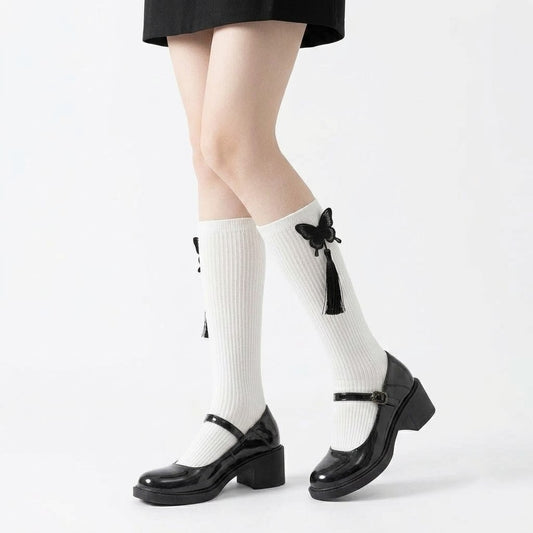 Fringed Embroidered Butterfly Calf Socks – Black & White | Stylish Tassel Design