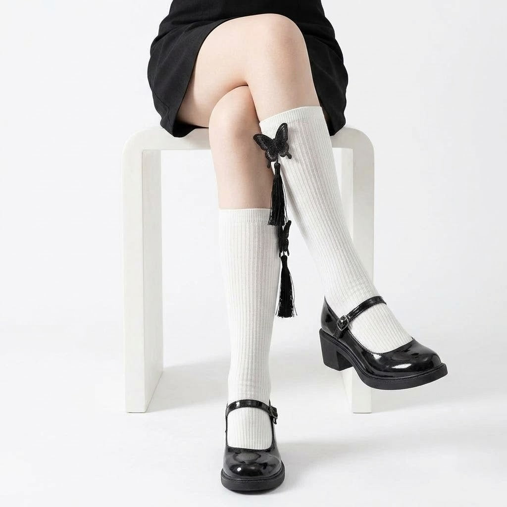 Fringed Embroidered Butterfly Calf Socks – Black & White | Stylish Tassel Design