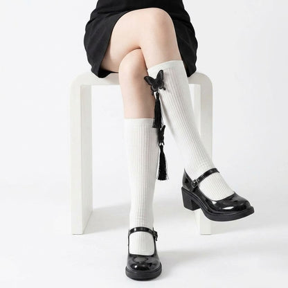 Fringed Embroidered Butterfly Calf Socks – Black & White | Stylish Tassel Design