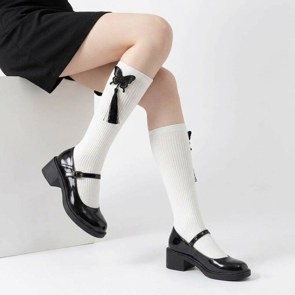 Fringed Embroidered Butterfly Calf Socks – Black & White | Stylish Tassel Design