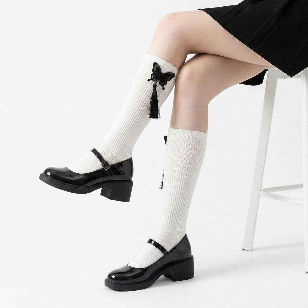 Fringed Embroidered Butterfly Calf Socks – Black & White | Stylish Tassel Design