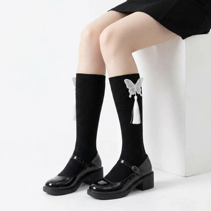 Fringed Embroidered Butterfly Calf Socks – Black & White | Stylish Tassel Design