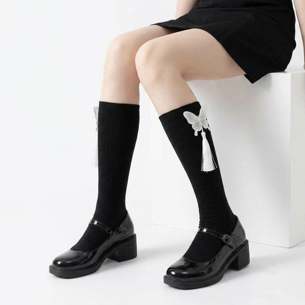 Fringed Embroidered Butterfly Calf Socks – Black & White | Stylish Tassel Design