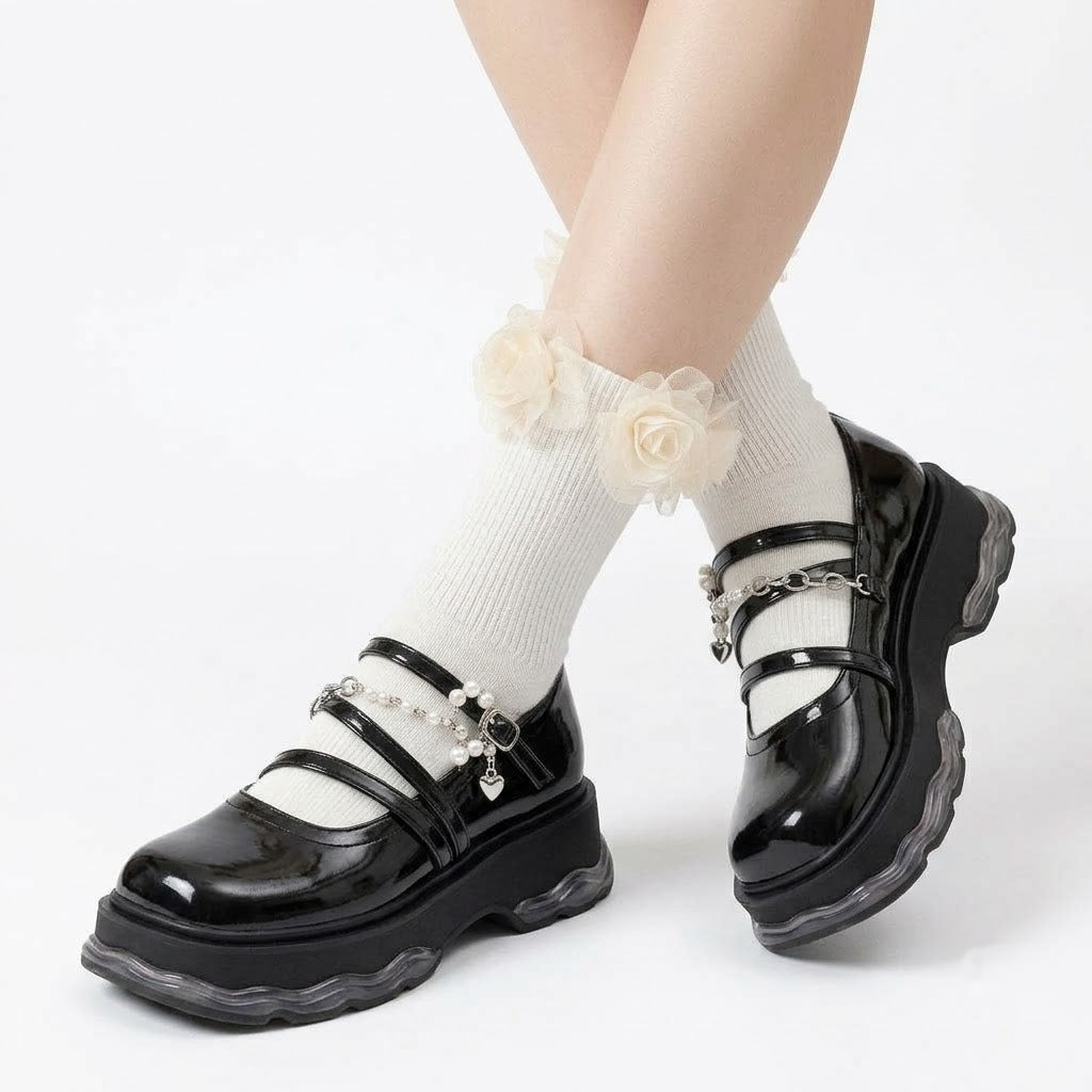 Mesh Flower Ankle Socks – Black & White Frill Socks | Cute Lolita Style Calf Socks for Women & Girls