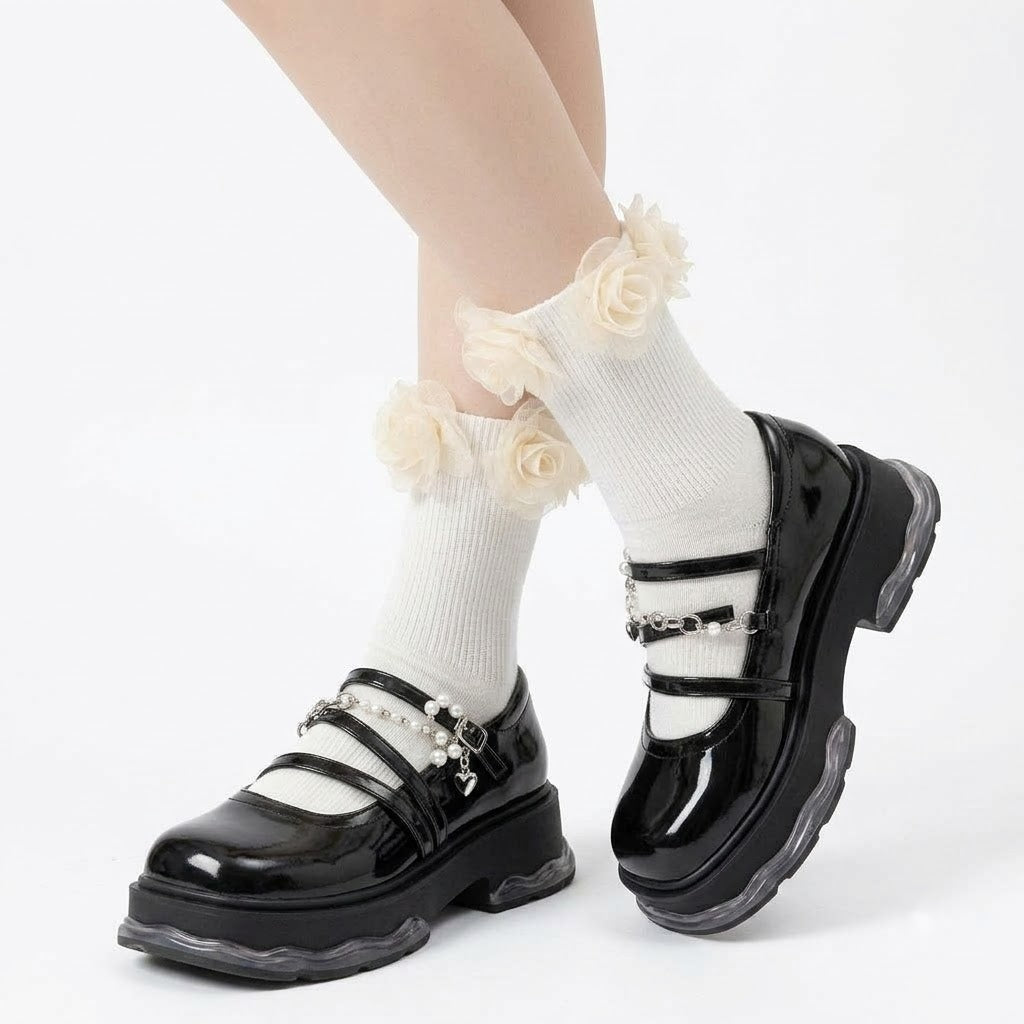 Mesh Flower Ankle Socks – Black & White Frill Socks | Cute Lolita Style Calf Socks for Women & Girls