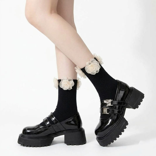 Mesh Flower Ankle Socks – Black & White Frill Socks | Cute Lolita Style Calf Socks for Women & Girls
