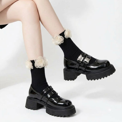 Mesh Flower Ankle Socks – Black & White Frill Socks | Cute Lolita Style Calf Socks for Women & Girls