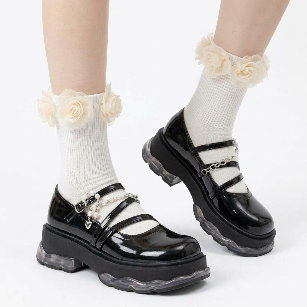 Mesh Flower Ankle Socks – Black & White Frill Socks | Cute Lolita Style Calf Socks for Women & Girls