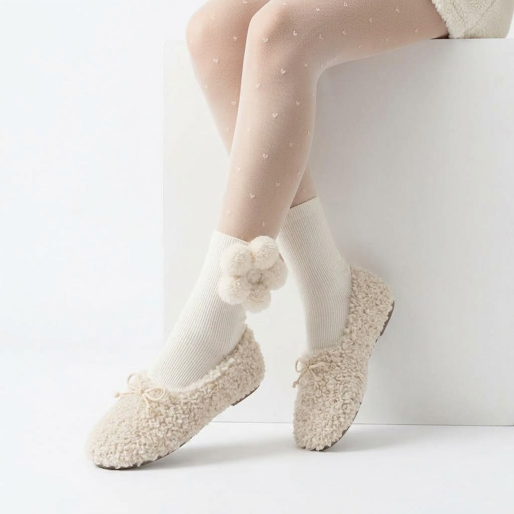 Plush Hearts Mid-Calf Socks for Women – Cute Cozy Calf Length Socks (White & Black)