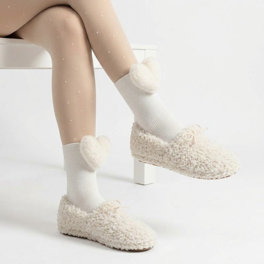Plush Hearts Mid-Calf Socks for Women – Cute Cozy Calf Length Socks (White & Black)