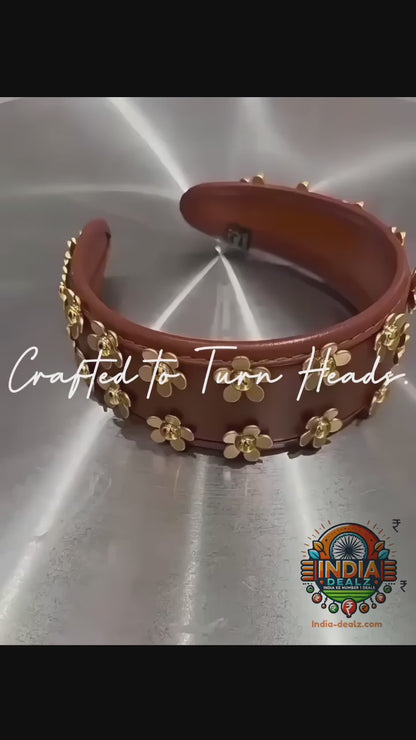 Handmade 3D Flower Studded Faux Leather Headband – Luxury Brown Statement Hairband