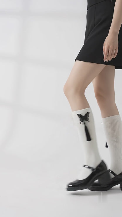 Fringed Embroidered Butterfly Calf Socks – Black & White | Stylish Tassel Design