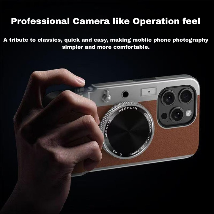 Phone case with camera lens design held by a hand, text about professional camera operation feel.